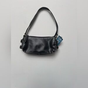 Black Textured Leather Shoulder Bag with Curved Strap